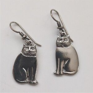 Vintage Signed Laurel Burch Mystic Cat Silver Pierced Hook Earrings GUC